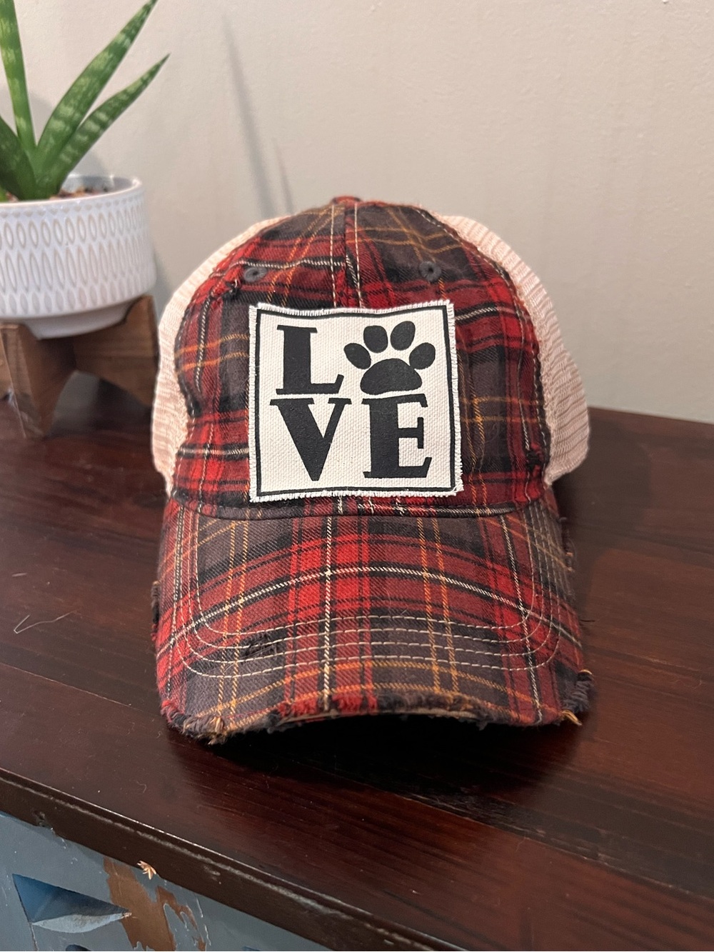 Love Paw Print Plaid Distressed Trucker Hat Adjustable Mesh Back Cap Dog Mom